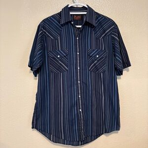 Plains Western Wear Short Sleeve Pearl Snap Shirt Dark Blue Striped Size Medium